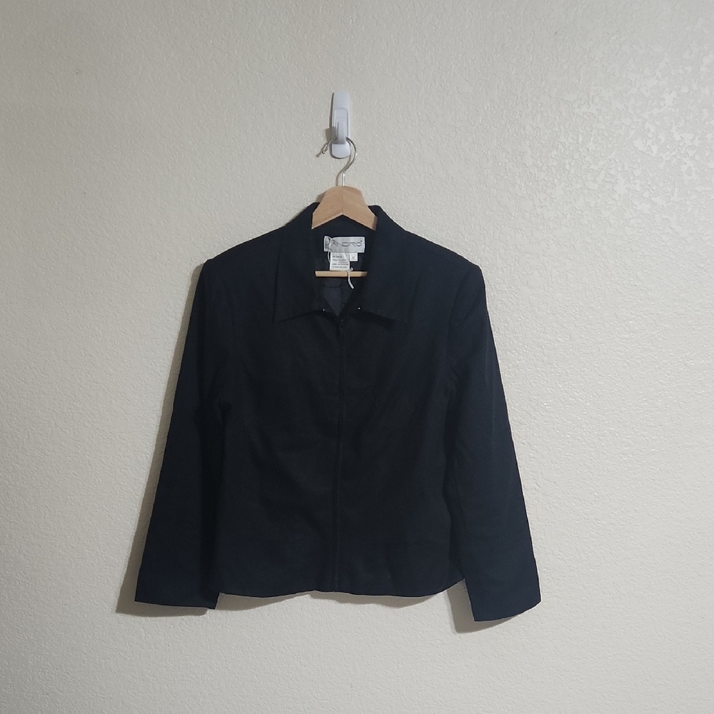 Sandro Linen Blend Collared Zip Up Jacket Long Sleeve Black Size 12